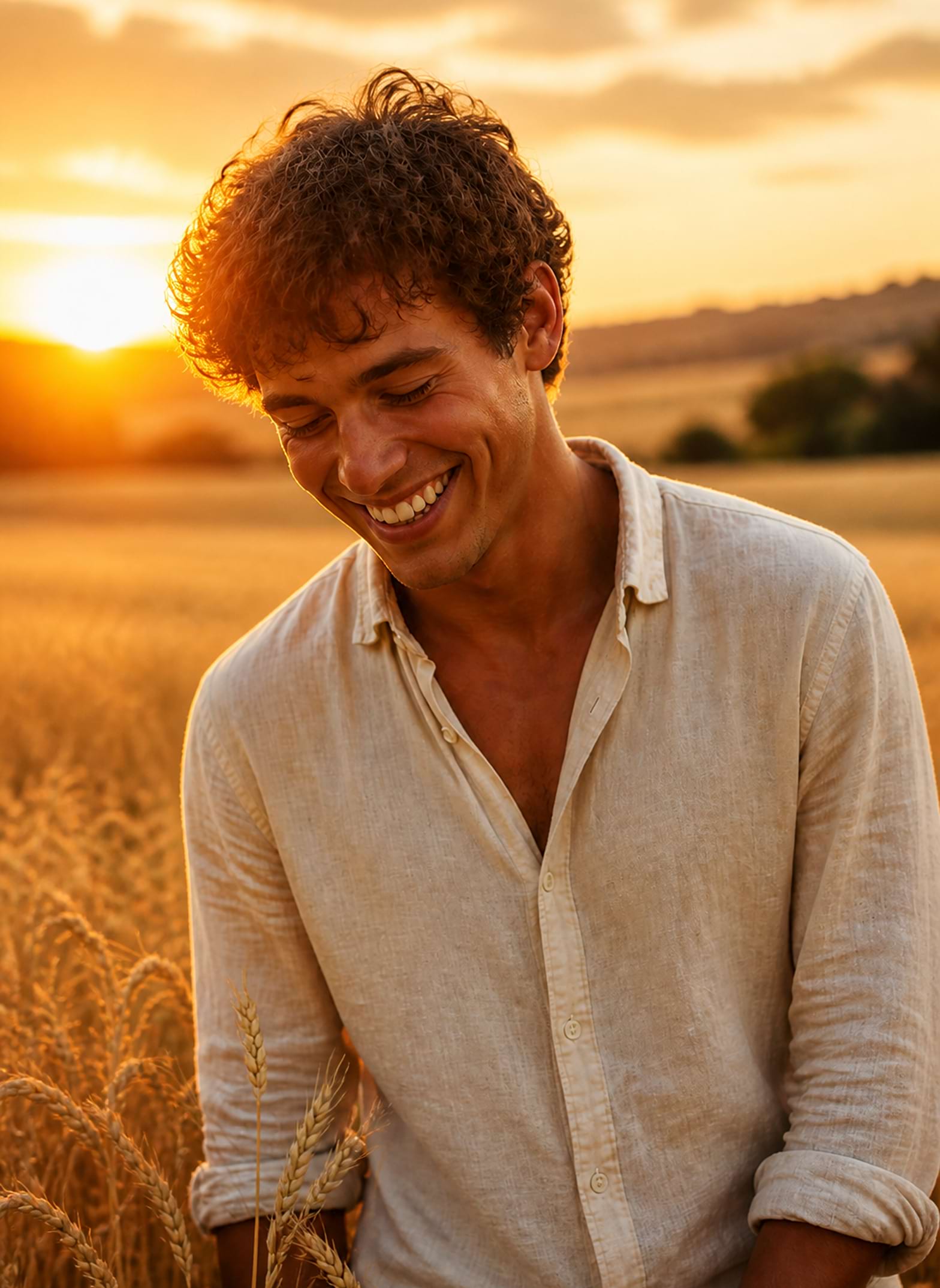 Smiling man walking through a sunlit field at sunset