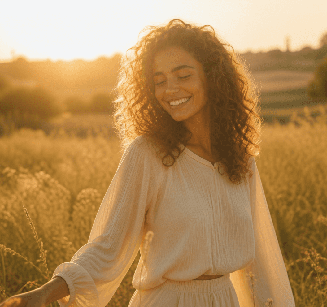 Smiling woman walking through a sunlit field at sunset