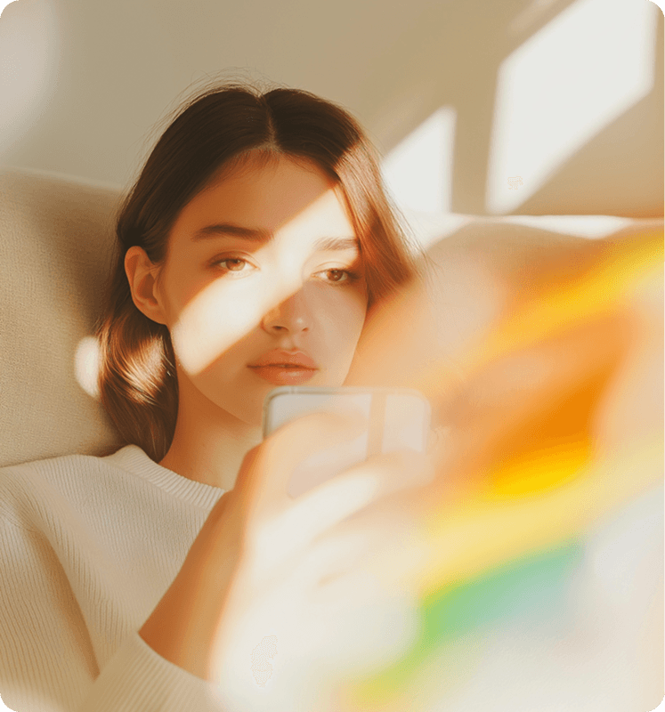 Woman using her phone at home in warm sunlight