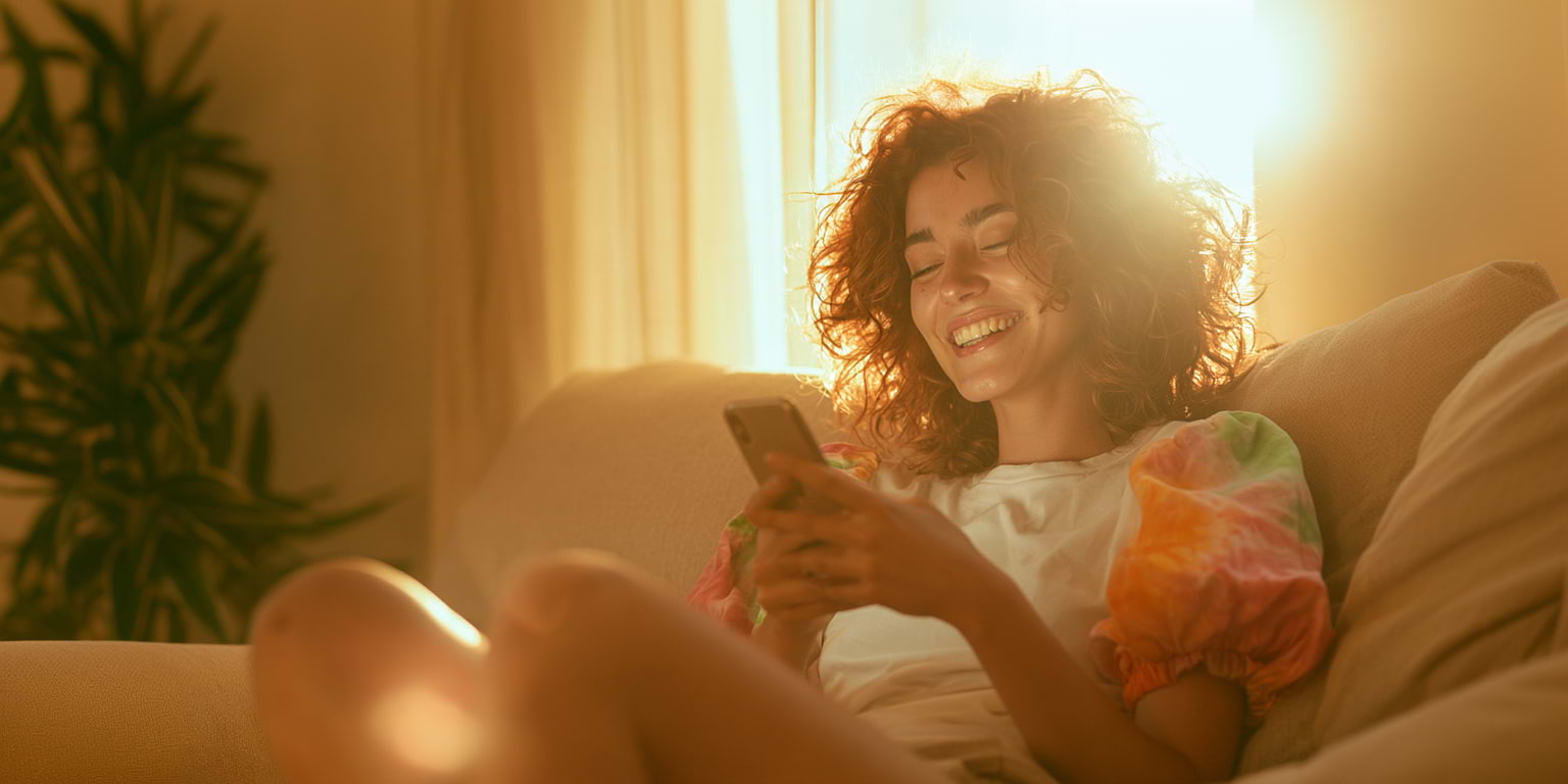 Smiling woman using the Auria app on her couch