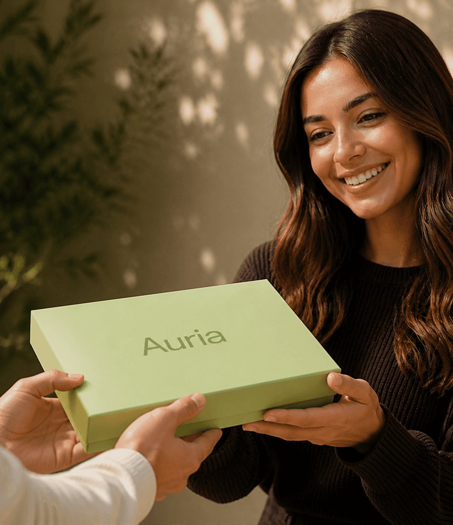 Smiling woman receiving her Auria package