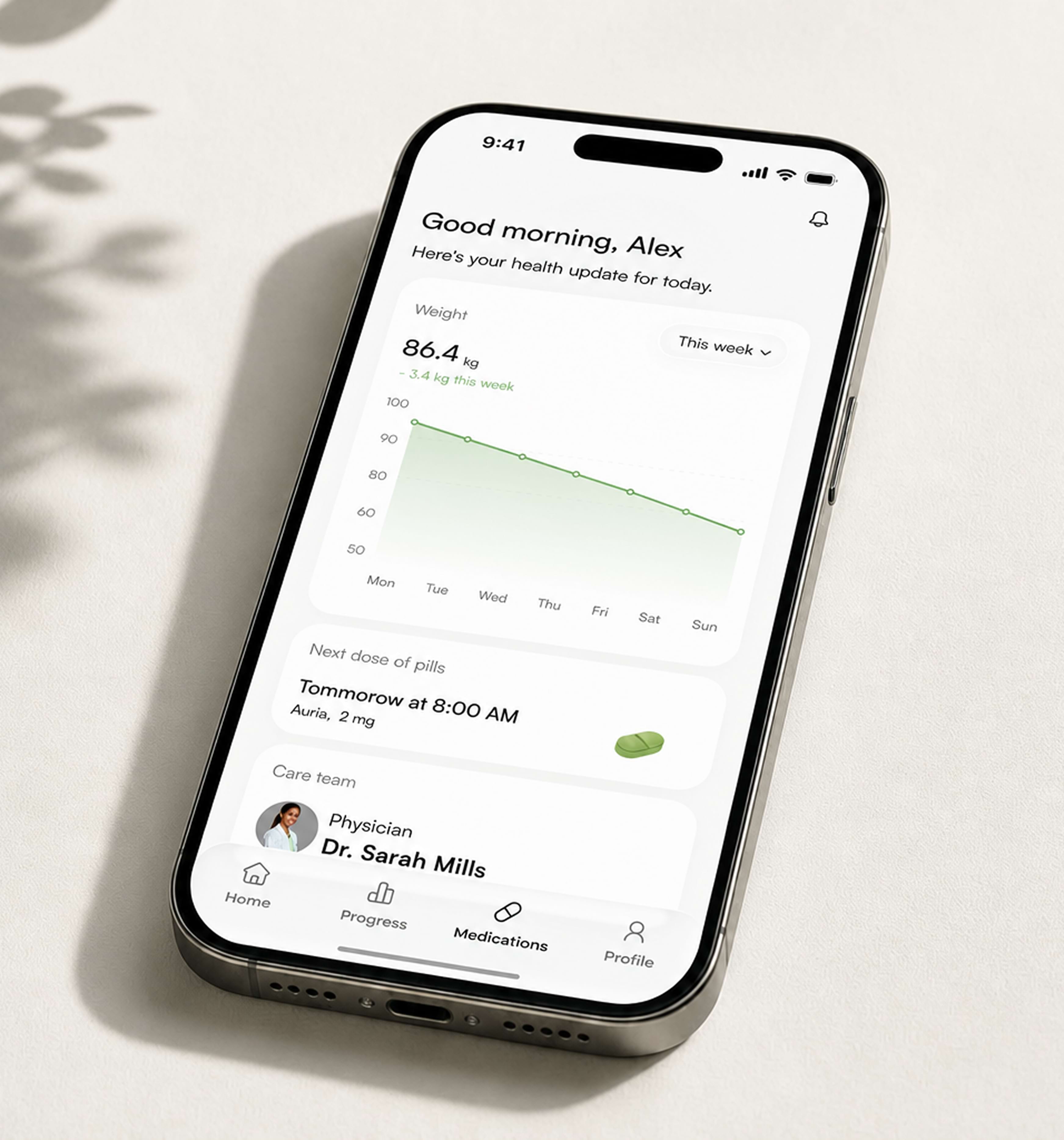 Auria app home screen showing weight progress and care team