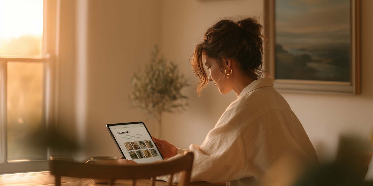Woman reviewing her Auria health plan on a tablet